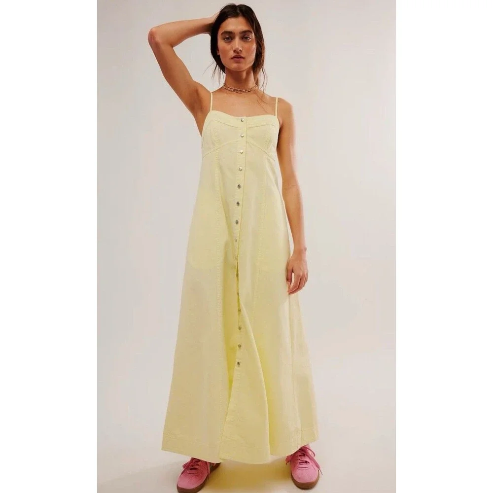 Free People Maxi Dress Women Yellow Just Jill Cotton Vacay Boho Retro Large New - Picture 1 of 12